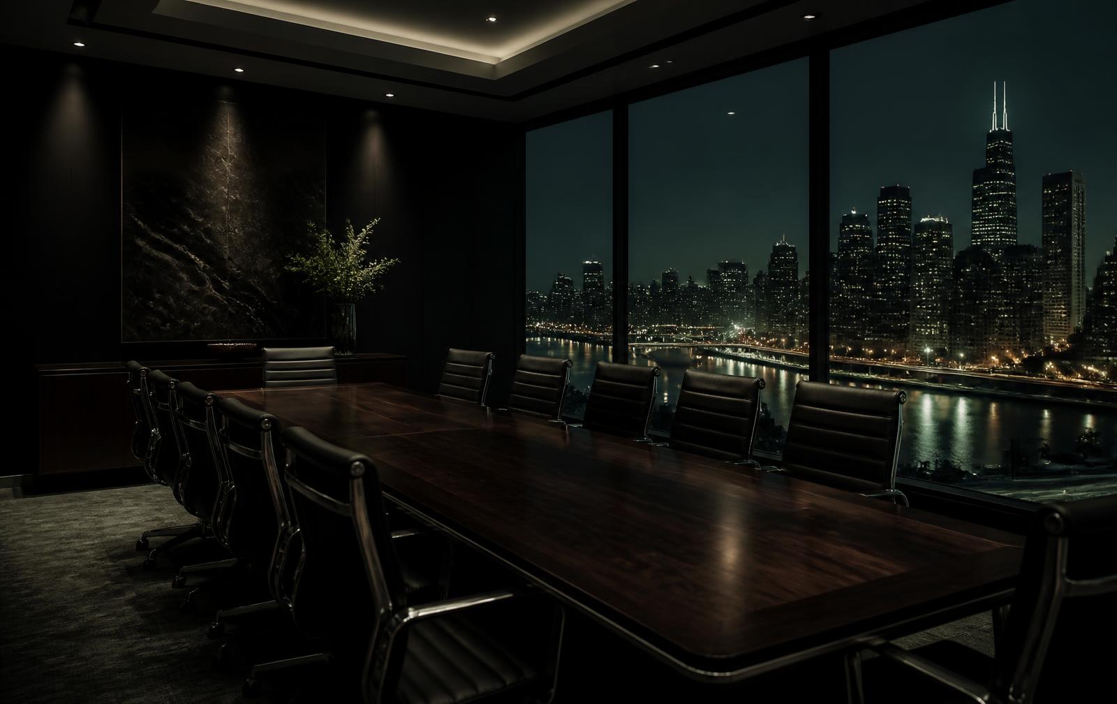 Executive boardroom overlooking a Missouri city skyline at night, where cannabis financial strategy is reviewed